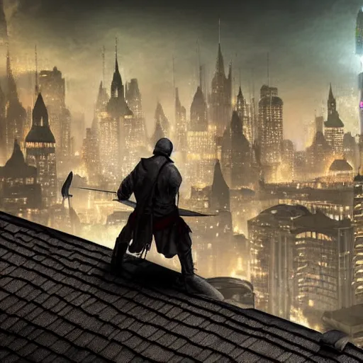 Prompt: An assassin on a rooftop looking for his target in a city, medieval-fantasy inspired, night, lively city, lights, incredible detail, upscaled, 8k resolution, dark atmosphere, crouched pose