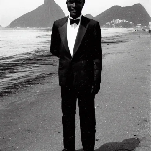 Image similar to vintage photo of a black man wearing a black suit in front of rio de janeiro