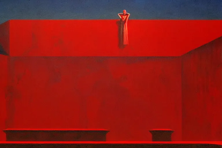 Image similar to only with red, a red melted emperor in an authoritarian position, taormina amphitheatre, crowd hails him, in the style of beksinski, parts by edward hopper, parts by rodcenko, parts by yue minjun, intricate and epic composition, red by caravaggio, insane quality, highly detailed, masterpiece, red light, artstation