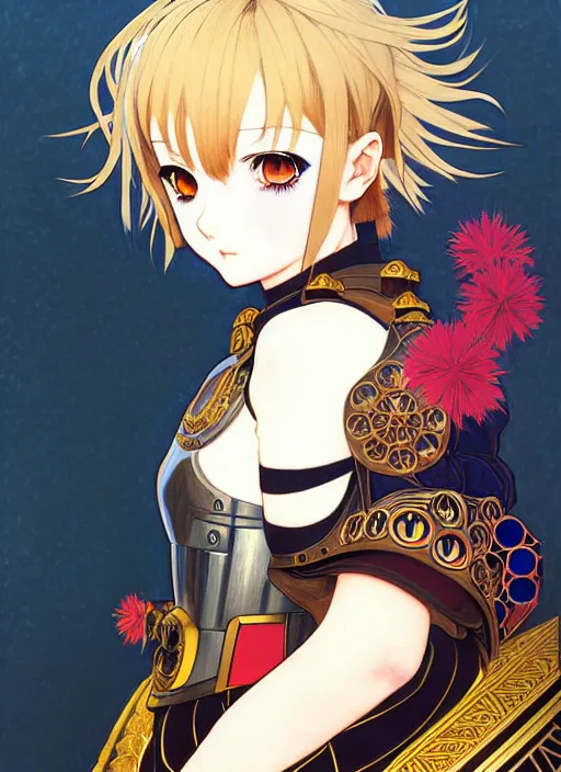 Image similar to ilya kuvshinov anime knight girl in ornate armor, last exile, murata range, fine detail, perfect anime face, dramatic lighting, dynamic composition, gustav klimt, art deco, cel shading, vivid, rich texture, ( ( ( yoshinari yoh ) ) ), alphonse mucha, ( ( ( colorful ) ) ),