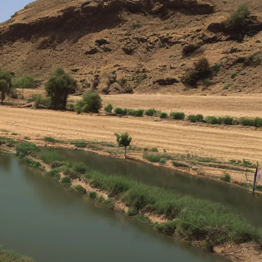 Image similar to landscape, river made of karak, with cows grazing