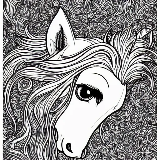 Prompt: clean simple line art of a cute beautiful unicorn. no background. well composed, clean coloring book page, beautiful detailed face. coloring book line art by artgerm and greg rutkowski and johanna basford