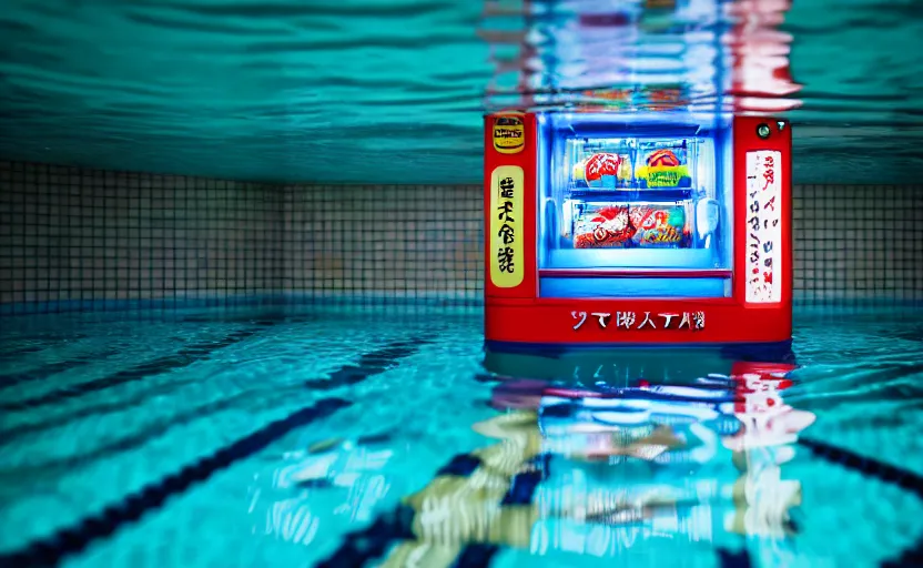 Prompt: photograph of Japanese vending machine submerged in a public pool, one point perspective, 1-point perspective, tilt shift, sigma 85mm f/1.4, 4k, depth of field, high resolution, 4k, 8k, hd, full color