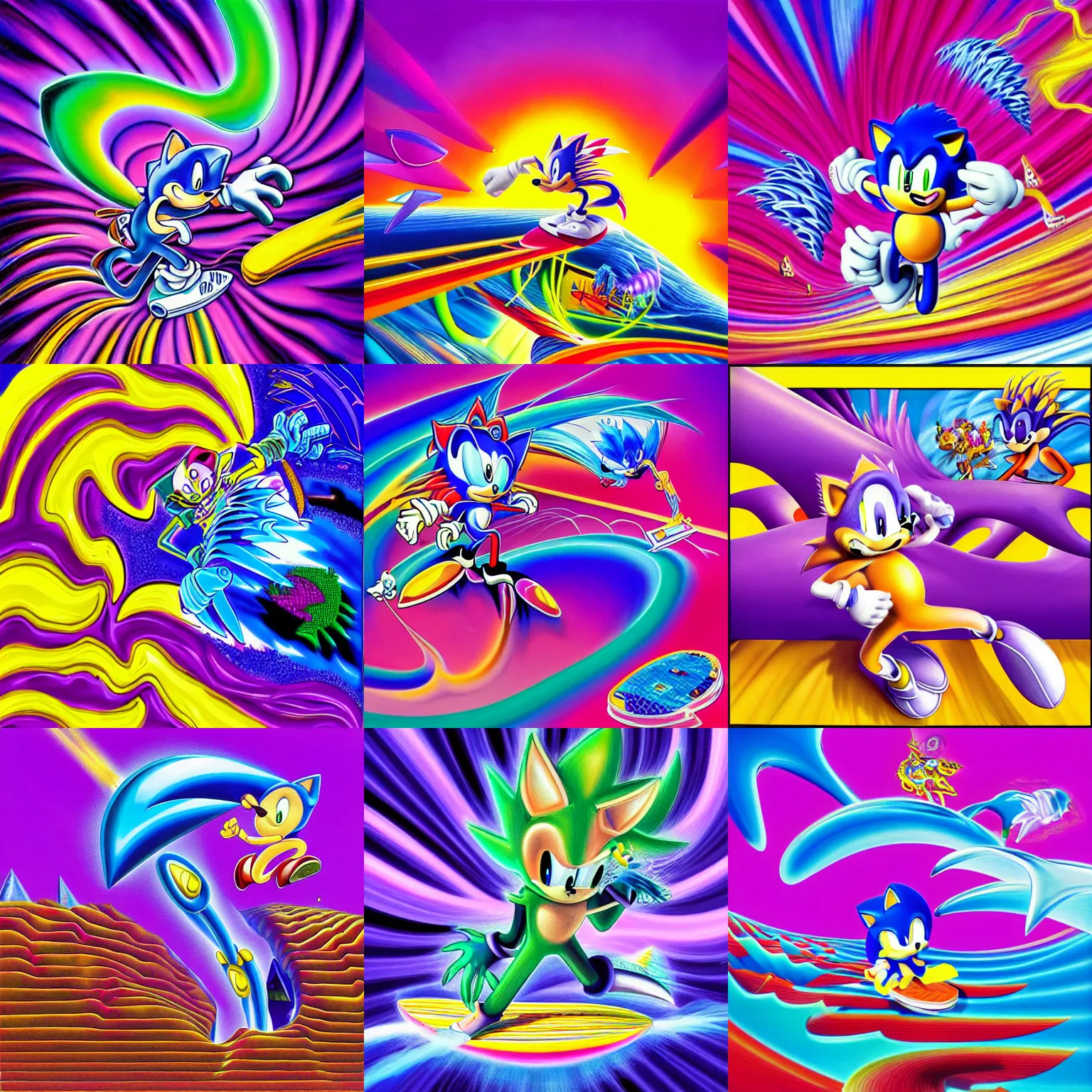 Prompt: surreal, sharp, detailed professional, high quality airbrush art MGMT album cover of a liquid dissolving LSD DMT sonic the hedgehog surfing through cyberspace, purple checkerboard background, 1990s 1992 Sega Genesis video game album cover