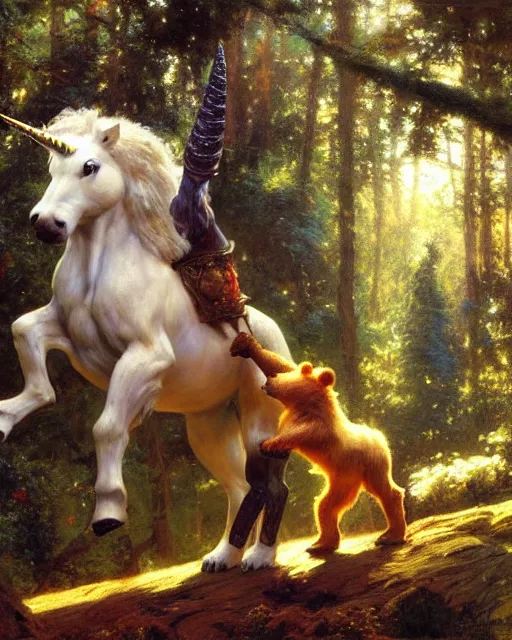 Image similar to unicorn versus bear, enchanted forest, painting by gaston bussiere, craig mullins, j. c. leyendecker