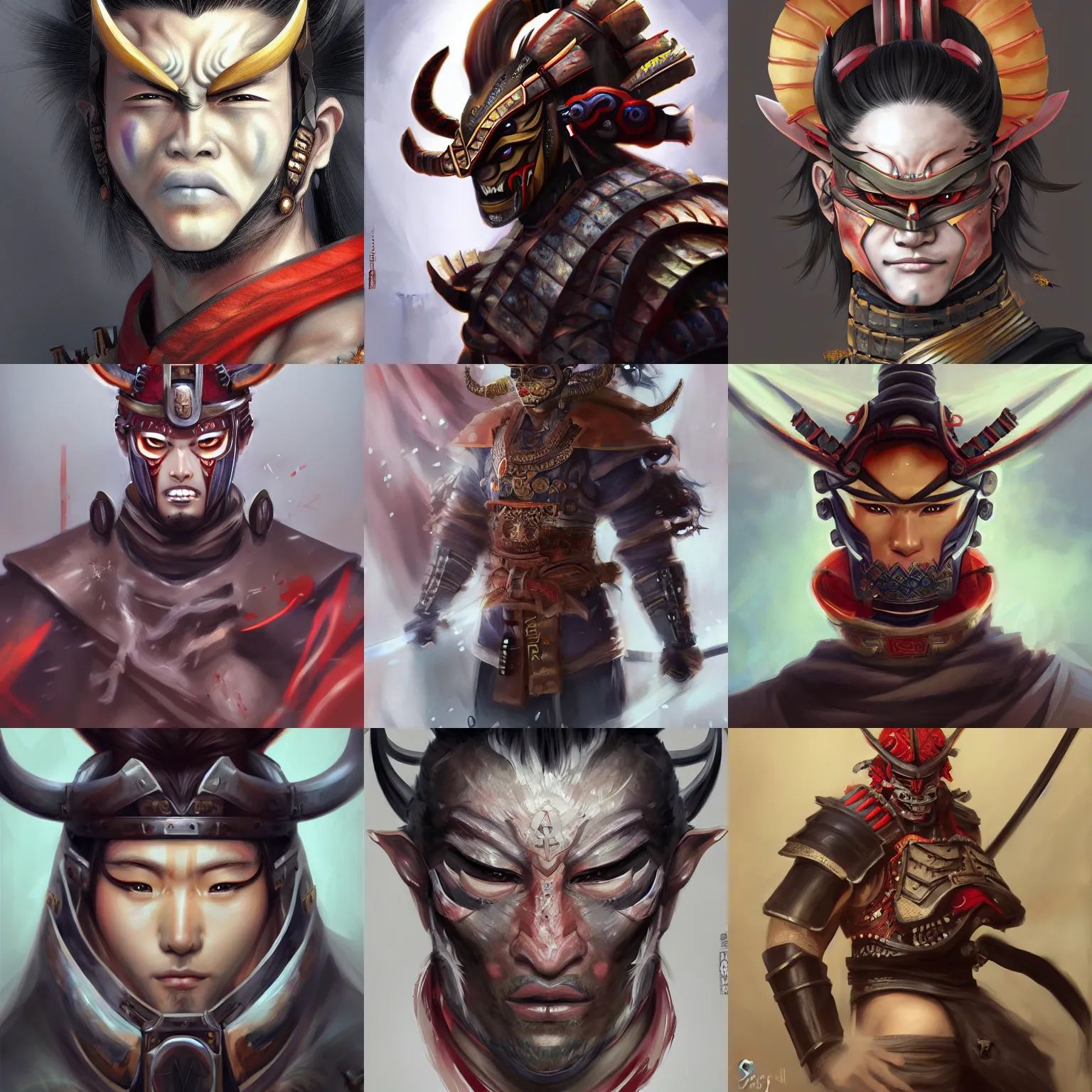 Prompt: A realistic anime portrait of a samurai, wearing an Oni demon mask covering face, wearing samurai armor, digital painting, by Stanley Artgerm Lau, WLOP, and Rossdraws, digtial painting, trending on ArtStation, deviantart