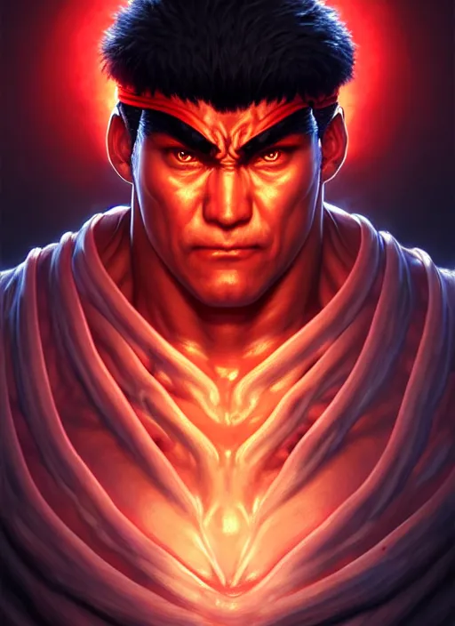 Image similar to symmetry!! portrait of evil ryu, street fighter iv, global illumination!! intricate, elegant, highly detailed, digital painting, artstation, concept art, smooth, sharp focus, illustration, art by artgerm and greg rutkowski and alphonse mucha