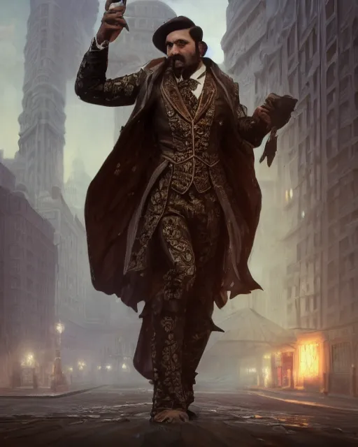 Image similar to nandor the relentless, from what we do in the shadows, kayvan novak, long black hair, half - body, 1 9 2 0 s suit, ornate cape, very detailed, intricate, cinematic, artstation, william bouguereau, daniel gerhartz, greg rutkowski, rossdraws, octane render