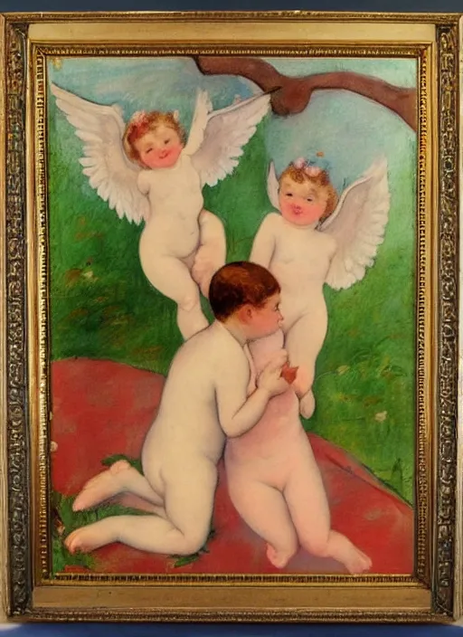 Prompt: vintage beautiful painting of two angels flying and holding a pear in heaven in Mary Cassatt style