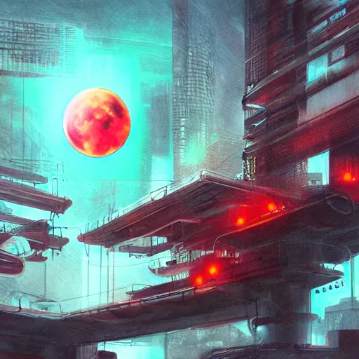 Image similar to surreal, nuclear blast and a full red moon eclipse, cyberpunk, art by bryen frost