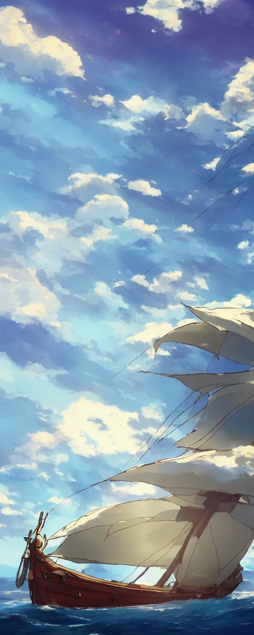 Prompt: anime going merry ship by Makoto Shinkai, concept art, sun shining through clouds, crepuscular rays, trending on art station, 8k