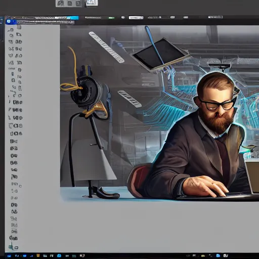 Image similar to realistic man using laptop in super tech room, artstation trends, concept art, highly detailed, intricate, sharp focus, digital art, 8 k