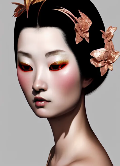 Image similar to organic seductive Geisha portrait, pearlescent skin, diffuse lighting, fantasy, intricate, elegant pose, highly detailed, lifelike, photorealistic, digital painting, artstation, illustration, concept art, different point of view, smooth, sharp focus, art by John Collier and Albert Aublet and Leonardo da vinci and Moebius and Krenz Cushart