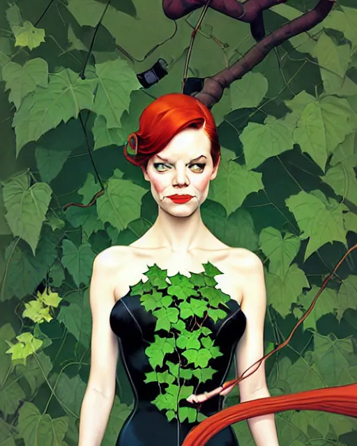 Prompt: joshua middleton, phil noto, norman rockwell, artgerm, emma stone poison ivy dc comics, vines, symmetrical eyes, city rooftop