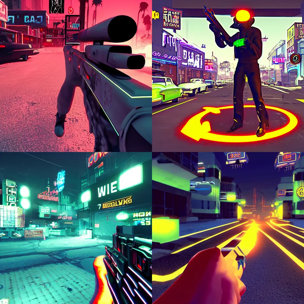 Prompt: a first person shooter video game in a 1950s neon noir setting