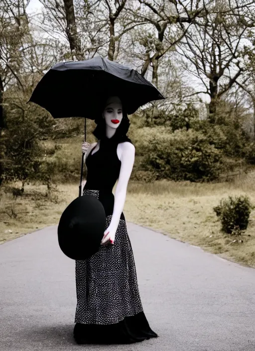 Image similar to a beautiful white pale skin girl, full body, black dress, vibrent red lipstick, a black hat, black umbrella black and white