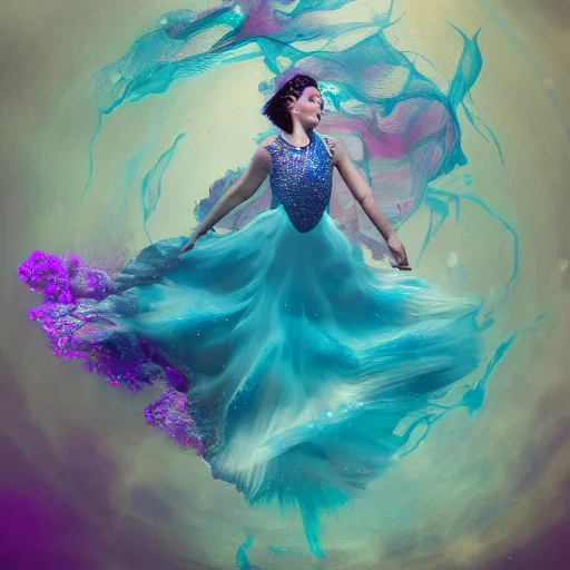 Prompt: masterpiece artwork of beautiful geni morrow woman dancing underwater wearing a flowing dress made of blue, magenta, and yellow seaweed, delicate coral sea bottom, swirling silver fish, swirling smoke shapes, octane render, caustics lighting from above, cinematic, hyperdetailed