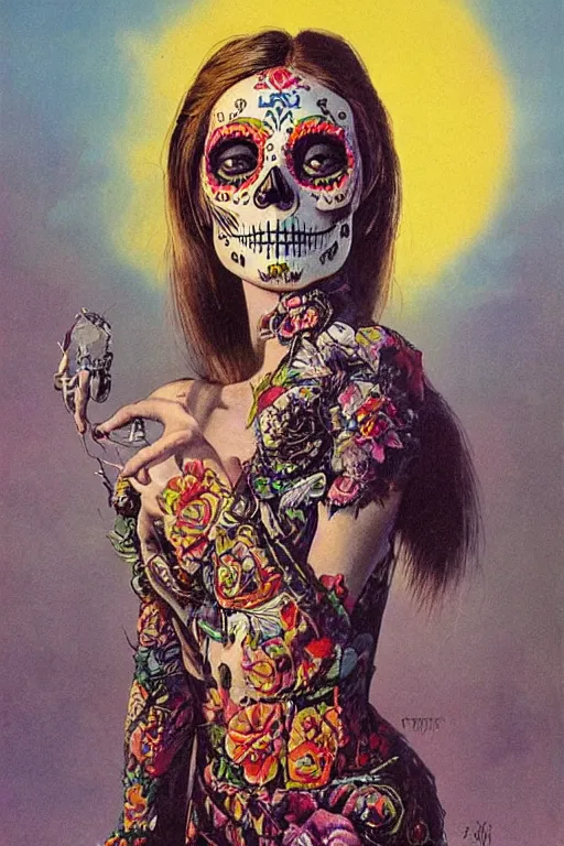 Image similar to Illustration of a sugar skull day of the dead girl, art by bruce pennington