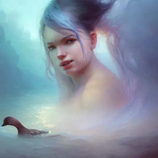 Image similar to epic portrait an woman licking a duck, wet flowing hair, sweaty skin, broad light, ambient occlusion, volumetric light effect, made by ivan aivazovsky, peter mohrbacher, greg rutkowski, hyperrealistic, hyperdetailed, matte painting, trending on artstation, 8 k, perfectly defined features, digital painting,