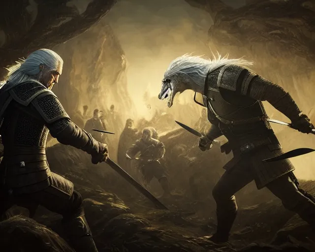 Image similar to 5 5 mm portrait photo of geralt fighting a hydra. magical atmosphere. art by greg rutkowski. highly detailed 8 k. intricate. lifelike. soft light. nikon d 8 5 0.