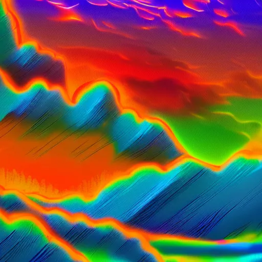 Prompt: psychedelic mountains, heatmap skies, photorealistic