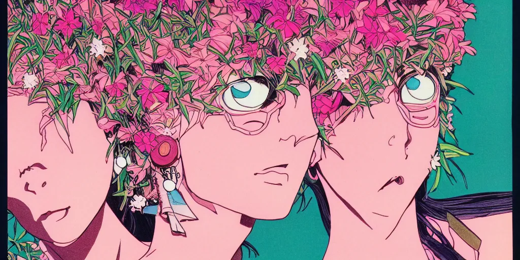 Image similar to risograph grainy painting of running man anime - like hero girl protagonist face, dull colors, with huge earrings, face covered with plants and flowers, by moebius and dirk dzimirsky and satisho kon, latex, close - up wide portrait, hyperrealistic