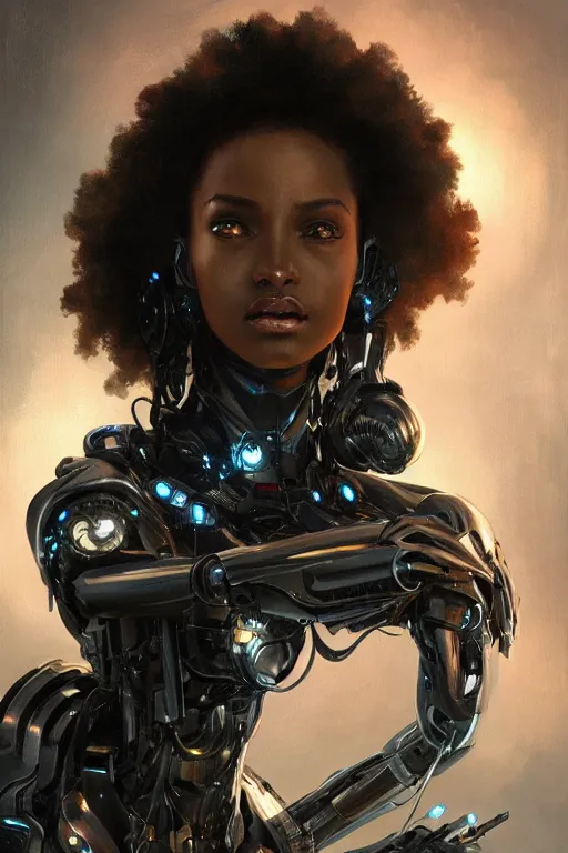 Image similar to ultra realistic illustration, closeup portrait, black mixed beautiful woman, hugging a robot, cyberpunk, sci - fi, fantasy, intricate, elegant, highly detailed, digital painting, artstation, concept art, smooth, sharp focus, illustration, art by artgerm and greg rutkowski and alphonse mucha