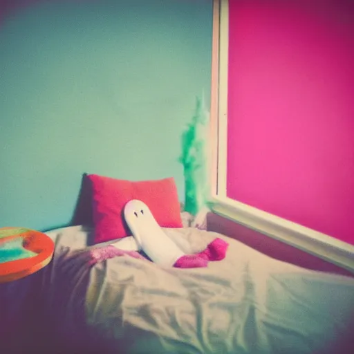 Image similar to coloured atmospheric polaroid photo of a realistic ghost spirit in a kid - bedroom
