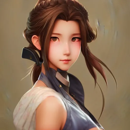 Image similar to face and body shot of aerith gainsborough by WLOP, rossdraws, Logan Cure, Mingchen Shen, BangkuART, sakimichan, yan gisuka, JeonSeok Lee, zeronis, Chengwei Pan on artstation