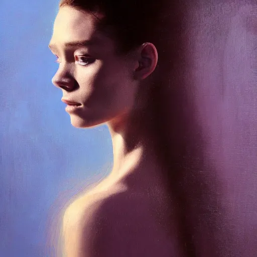 Prompt: Astrid Frisbey in the style of Paola Vetri, head and shoulders portrait, stormy weather, extremely detailed masterpiece, oil on canvas, low-key neon lighting, artstation, Blade Runner 2049, Roger Deakin’s cinematography, by J. C. Leyendecker and Peter Paul Rubens and Edward Hopper and Michael Sowa,