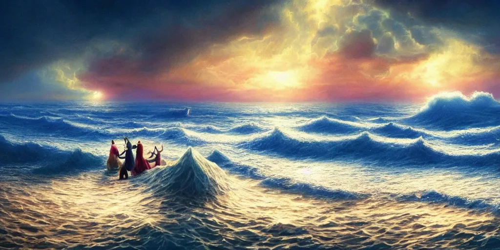 Prompt: If our moths where filled of praise like the sea, and our tongues joy like it’s manny waves we could never reach Your praise, surrealism, musical notes, beautiful sea landscapes, Very colorful painting 8k trending on art station, Intricate details, very realistic, cinematic lighting, volumetric lighting,