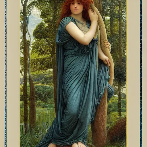 Prompt: Pre-Raphaelite goddess of nature in the style of John William Godward