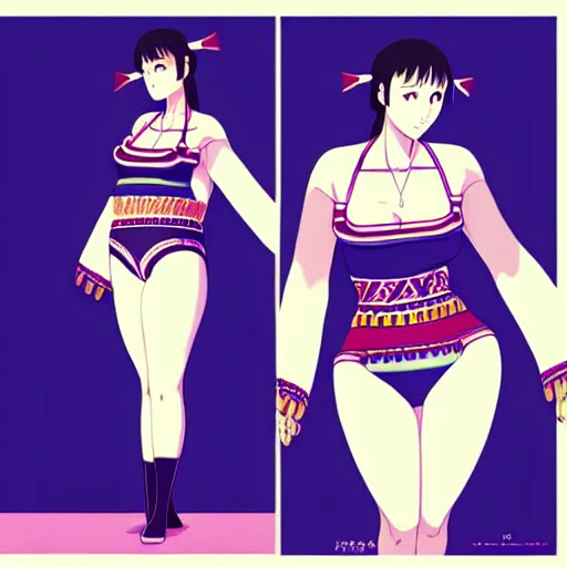 Image similar to a beautiful plus sized model japanese natalie portman, alluring plus sized model, wearing mayan leotard with overalls, street fashion hip hop style with mayan patterns, aztec street fashion, gapmoe yandere grimdark, trending on pixiv fanbox, painted by greg rutkowski makoto shinkai takashi takeuchi studio ghibli, akihiko yoshida