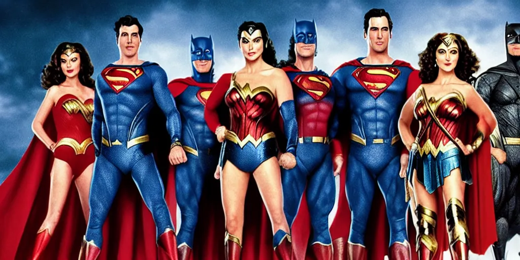 Image similar to DC Justice League with Lynda Carter, Nicolas Cage, Michael Keaton and Wesley Snipes