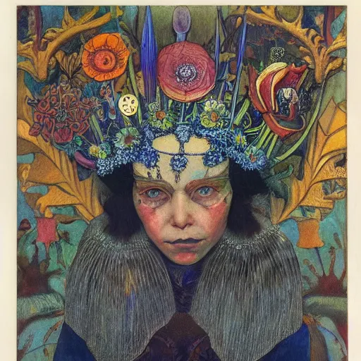 Image similar to the bone crown, by annie swynnerton and leo and diane dillon and ( diego rivera ) and adolf wolfli, elaborate costume, flowers, iridescent beetles, rich color, dramatic cinematic lighting, smooth, sharp focus, extremely detailed