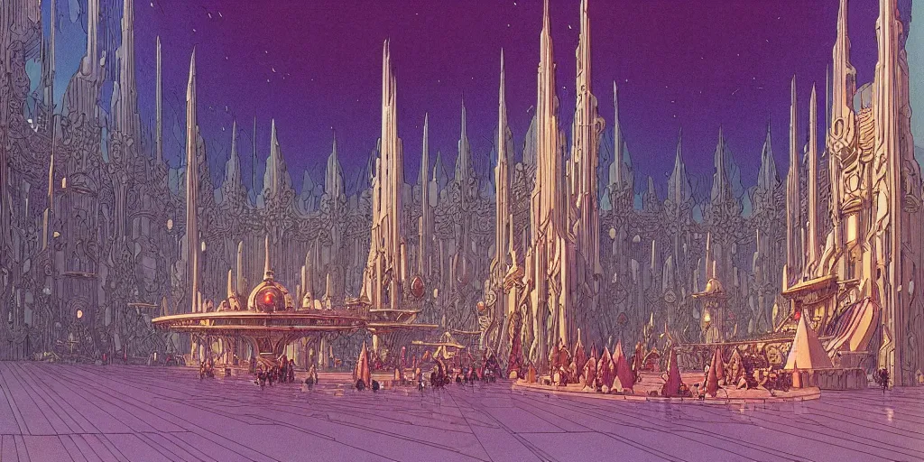 Image similar to cel shaded matte illustration, cinematic shot of the interior of a sci - fi space station with ornate elven architecture bustling with people, epic castle, emerald, crystalline, detailed illustration, sharp focus, crisp lines, art by moebius!!!, jean giraud moebius!!! comic illustration