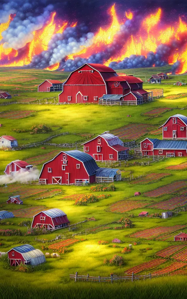 Image similar to wide view of a farm ,reflections of fire clouds, fantasy, intricate, richly detailed colored 3D illustration of a beautiful ornated happy farm with background with completely rendered reflections, art by Range Murata and Artgerm highly detailed, digital painting, trending on artstation, sharp focus, D&D, illustration, style of Stanley Artgerm, perfect smile vogue, awards, model,