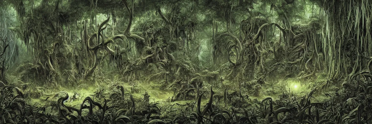 Image similar to underground cave on an exotic alien planet with a jungle canopy of antler trees in the background, leafy overgrowth, insectile weeds, demon faces, skulls, by ian miller, rodney matthews and al feldstein, photorealistic render