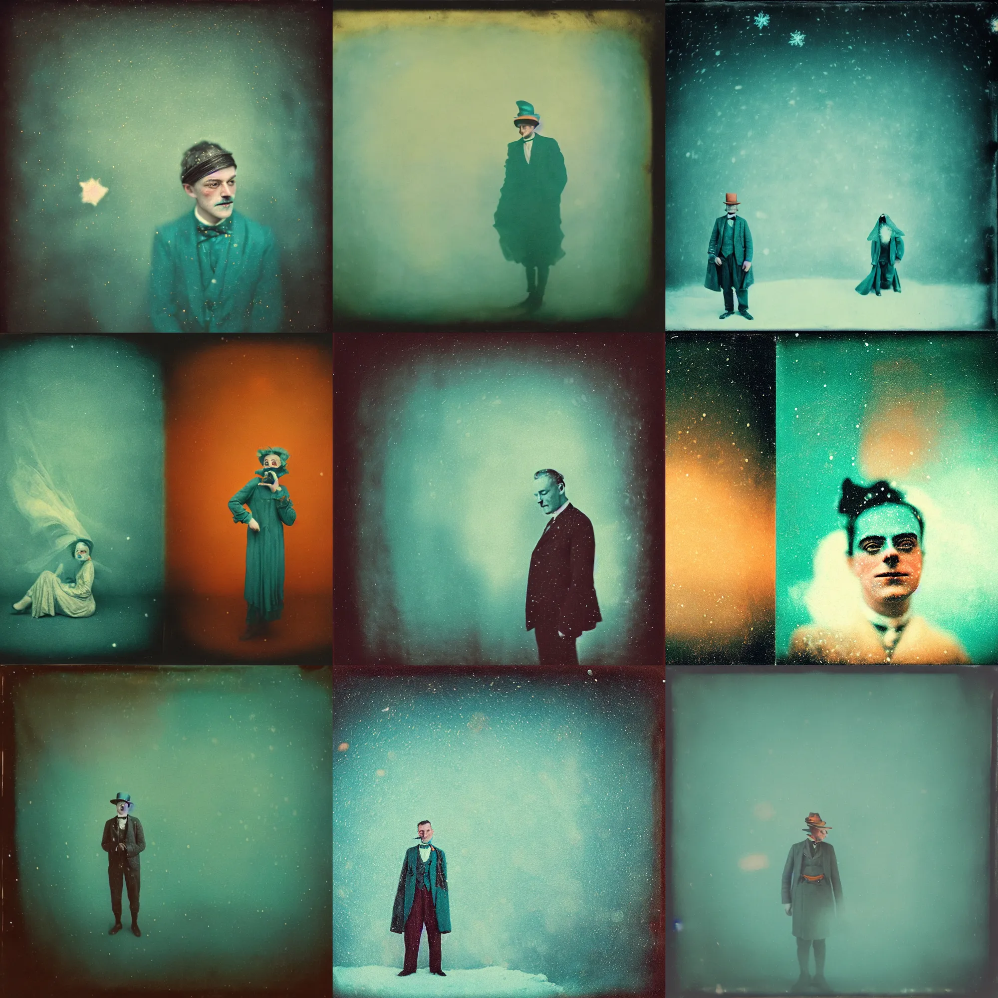 Image similar to kodak portra 4 0 0, wetplate, muted colours, teal orange, 1 9 1 0 s style, motion blur, portrait photo of a backdrop, sparkling, stargazer, snow, fog, by georges melies and by britt marling