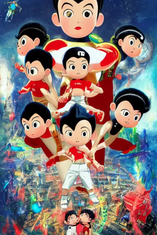 Prompt: Astro Boy Movie Poster, Intense, eye-catching, Highly Detailed, Dramatic, A master piece of storytelling, wide angle, cinematic shot, highly detailed, cinematic lighting, by ilya repin + Hideaki Anno + Katsuhiro Otomo +Rumiko Takahashi, 8k, hd, high resolution print