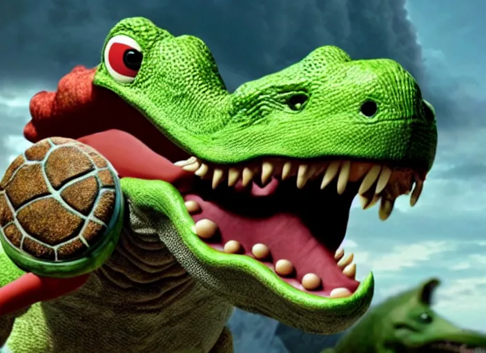 Image similar to film still of yoshi in the new sci - fi movie, upright dinosaur with a small turtle shell and long tongue, 8 k