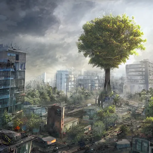 Image similar to A post-apocalyptic city swept by disaster, tall destroyed buildings with plants, an enormous cherry tree blossoming in the middle, biopunk, realistic, digital art, lens flare,