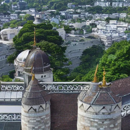 Image similar to makoto shinkai view from castle balcony overlooking kingdom