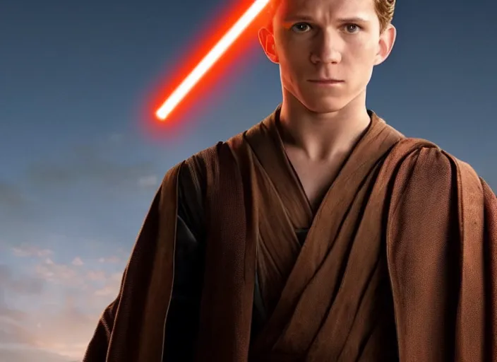 Image similar to tom holland plays anakin skywalker in the live action remake of star wars revenge of the sith, 3 5 mm photography, highly detailed, cinematic lighting, standing pose, holding lightsaber 4 k