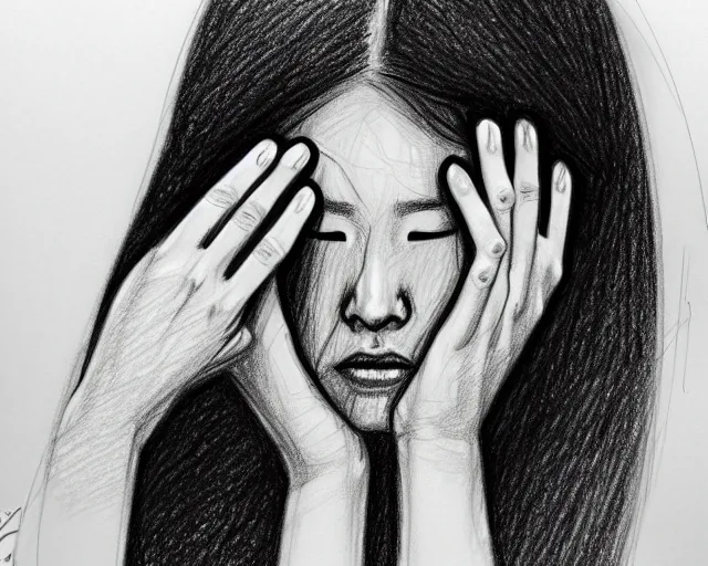 Image similar to a drawing of a woman covering her face with her hands, a sketch by choro choi, trending on artstation, context art, pencil sketch, high detail, kinetic