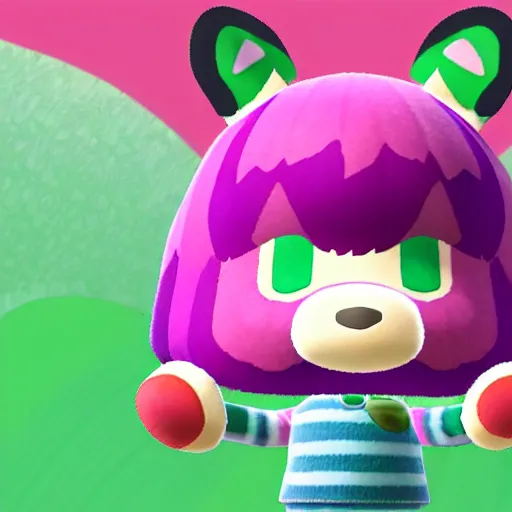 Image similar to animal crossing character with a round pink head, a green mohawk, green eyebrows and a long red pointy nose