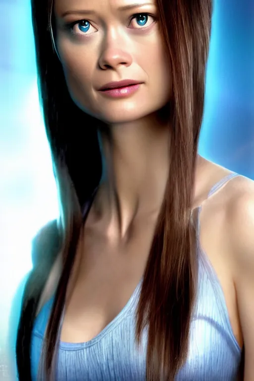 Image similar to summer glau as cortana from halo, glowing translucent digital body made of ones and zeros