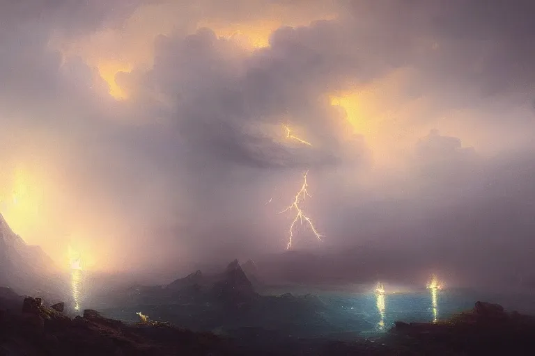 Prompt: tower in lightning storm at the top of a mountain, tornado, oil painting by Ivan Aivazovsky and Greg Rutkowski, artstation, fantasy, intricate, beautiful, cinematic, octane render, arnold render, 8k, hyper realism, detailed, sharp focus, 4k uhd, masterpiece, award winning