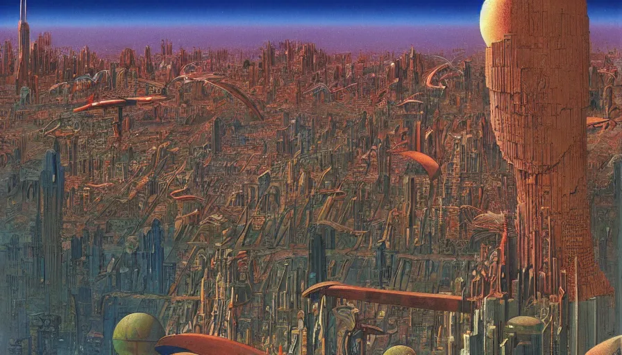 Image similar to a sprawling metropolis with flying cars, by roger dean, by dean ellis, by Jean Giraud, by Moebius, highly detailed, soft lighting, oil on canvas