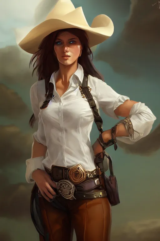 Image similar to full body, female cowgirl, perfect face, white blouse, holster, 8 k, magic the gathering, desert, d & d, artstation, high detail, smooth, sweaty character concepts by senior concept artist